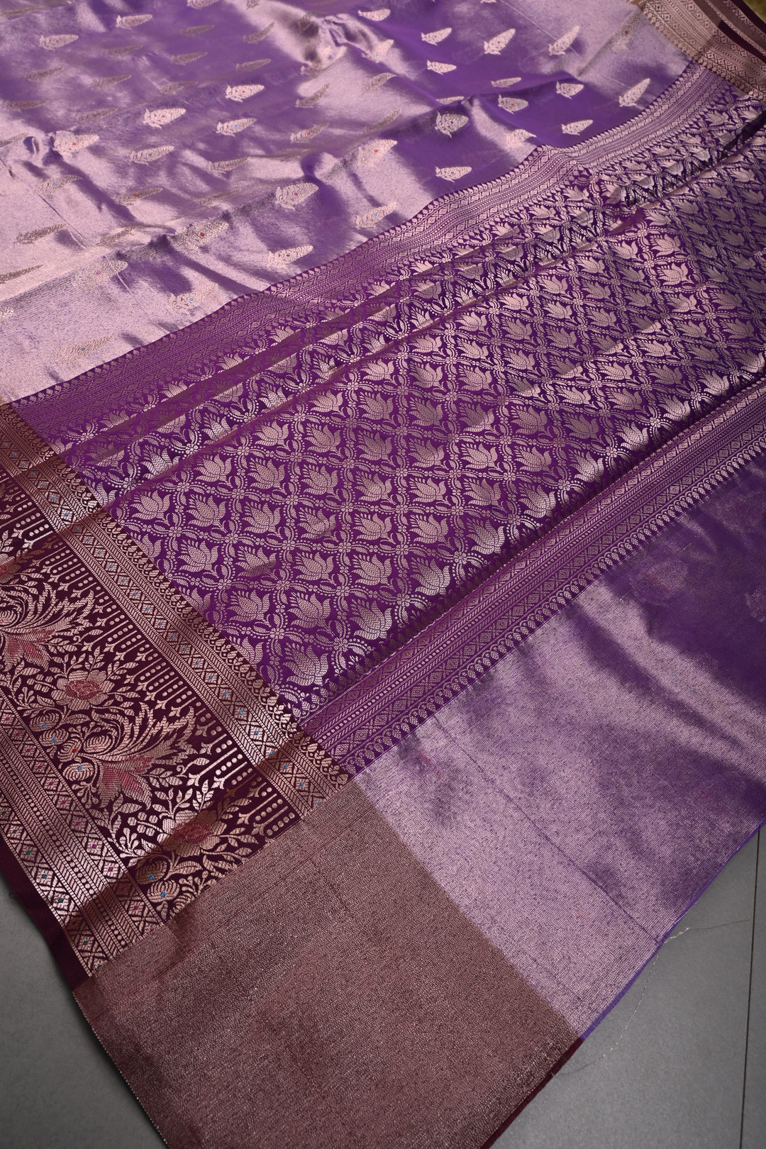 Dusty Lilac Kanjivaram Tissue Semi Silk Saree with Meenakari Zari Buttas and Contrast Zari Border | SHOBITAM