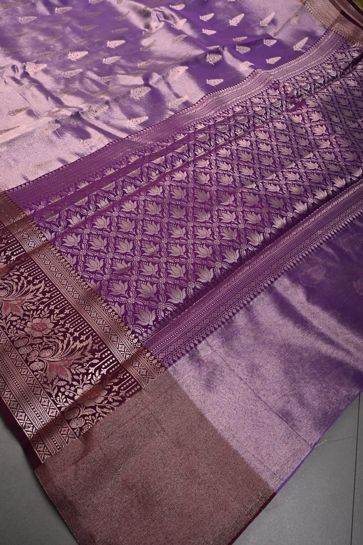 Dusty Lilac Kanjivaram Tissue Semi Silk Saree with Meenakari Zari Buttas and Contrast Zari Border | SHOBITAM