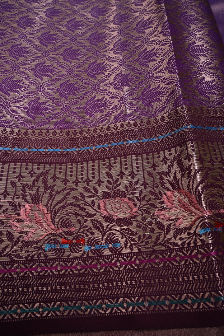 Dusty Lilac Kanjivaram Tissue Semi Silk Saree with Meenakari Zari Buttas and Contrast Zari Border | SHOBITAM