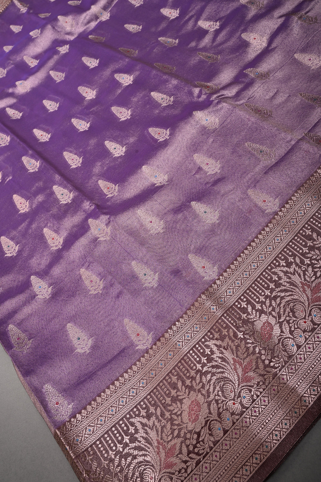 Dusty Lilac Kanjivaram Tissue Semi Silk Saree with Meenakari Zari Buttas and Contrast Zari Border | SHOBITAM