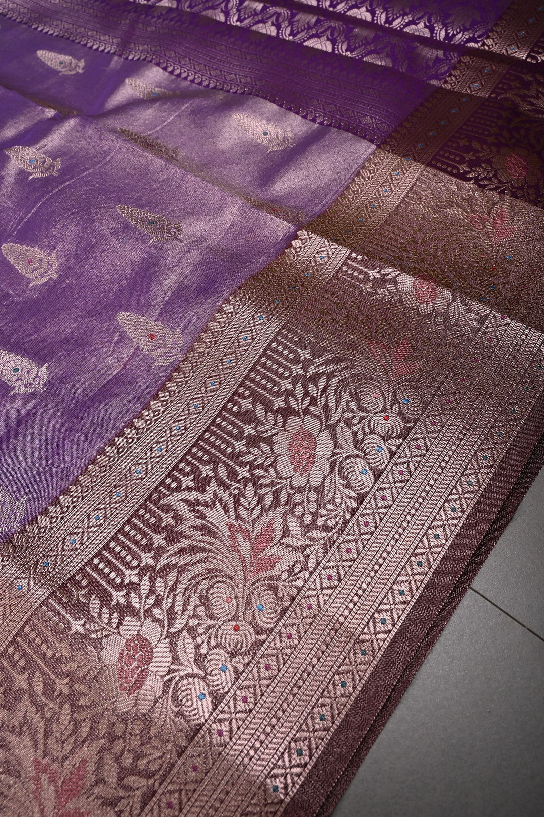Dusty Lilac Kanjivaram Tissue Semi Silk Saree with Meenakari Zari Buttas and Contrast Zari Border | SHOBITAM