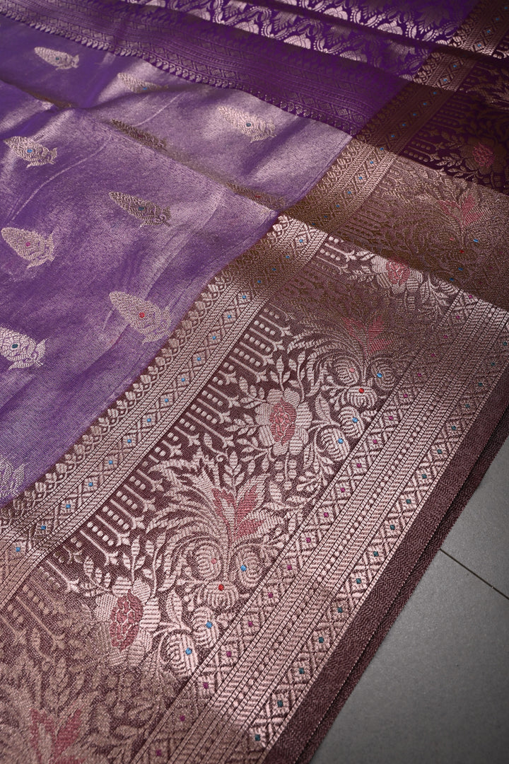 Dusty Lilac Kanjivaram Tissue Semi Silk Saree with Meenakari Zari Buttas and Contrast Zari Border | SHOBITAM