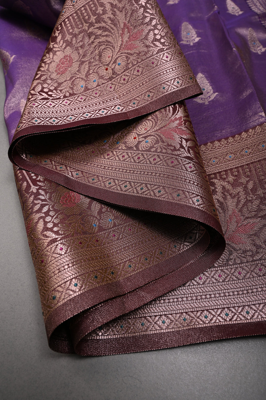 Dusty Lilac Kanjivaram Tissue Semi Silk Saree with Meenakari Zari Buttas and Contrast Zari Border | SHOBITAM
