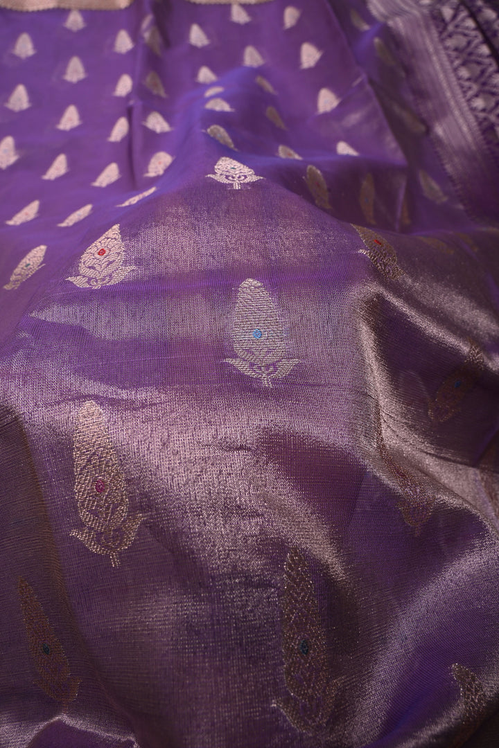 Dusty Lilac Kanjivaram Tissue Semi Silk Saree with Meenakari Zari Buttas and Contrast Zari Border | SHOBITAM