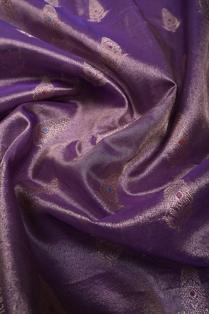 Dusty Lilac Kanjivaram Tissue Semi Silk Saree with Meenakari Zari Buttas and Contrast Zari Border | SHOBITAM