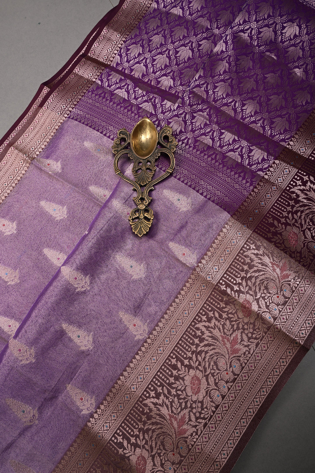 Dusty Lilac Kanjivaram Tissue Semi Silk Saree with Meenakari Zari Buttas and Contrast Zari Border | SHOBITAM