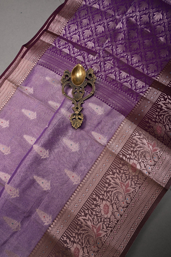 Dusty Lilac Kanjivaram Tissue Semi Silk Saree with Meenakari Zari Buttas and Contrast Zari Border | SHOBITAM