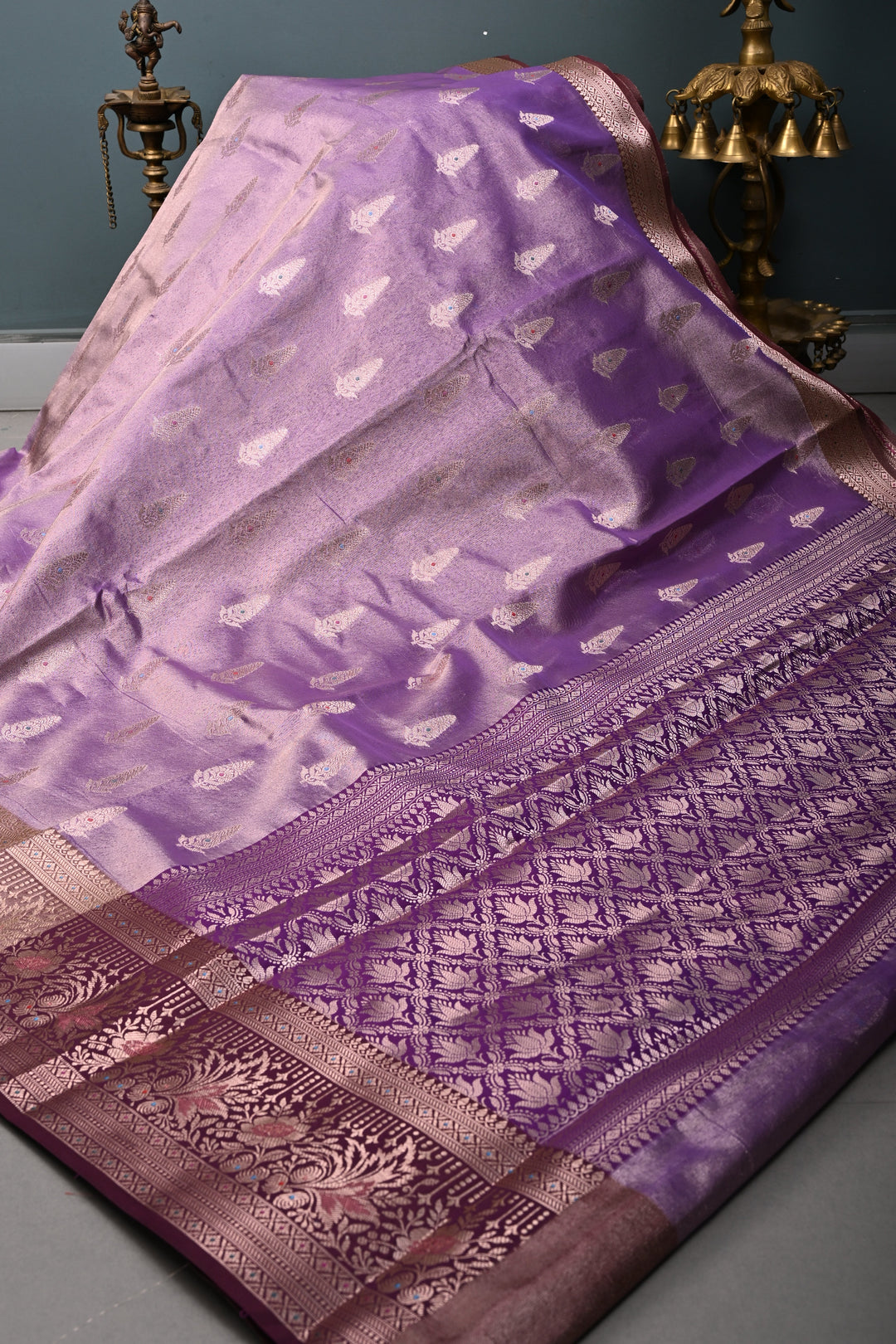 Dusty Lilac Kanjivaram Tissue Semi Silk Saree with Meenakari Zari Buttas and Contrast Zari Border | SHOBITAM