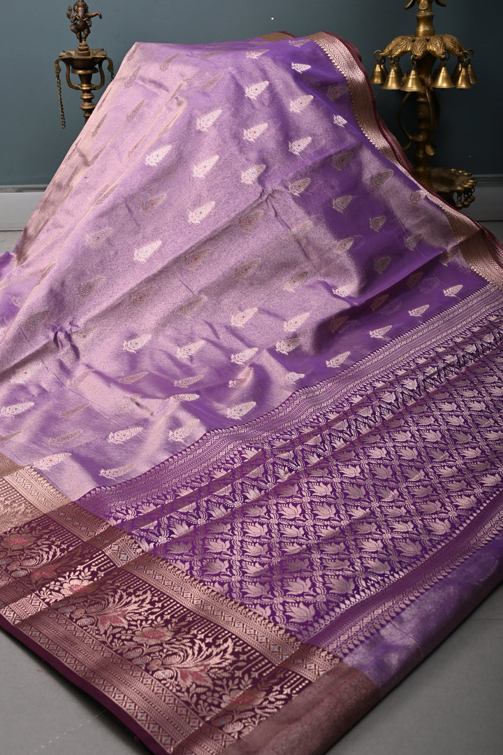Dusty Lilac Kanjivaram Tissue Semi Silk Saree with Meenakari Zari Buttas and Contrast Zari Border | SHOBITAM