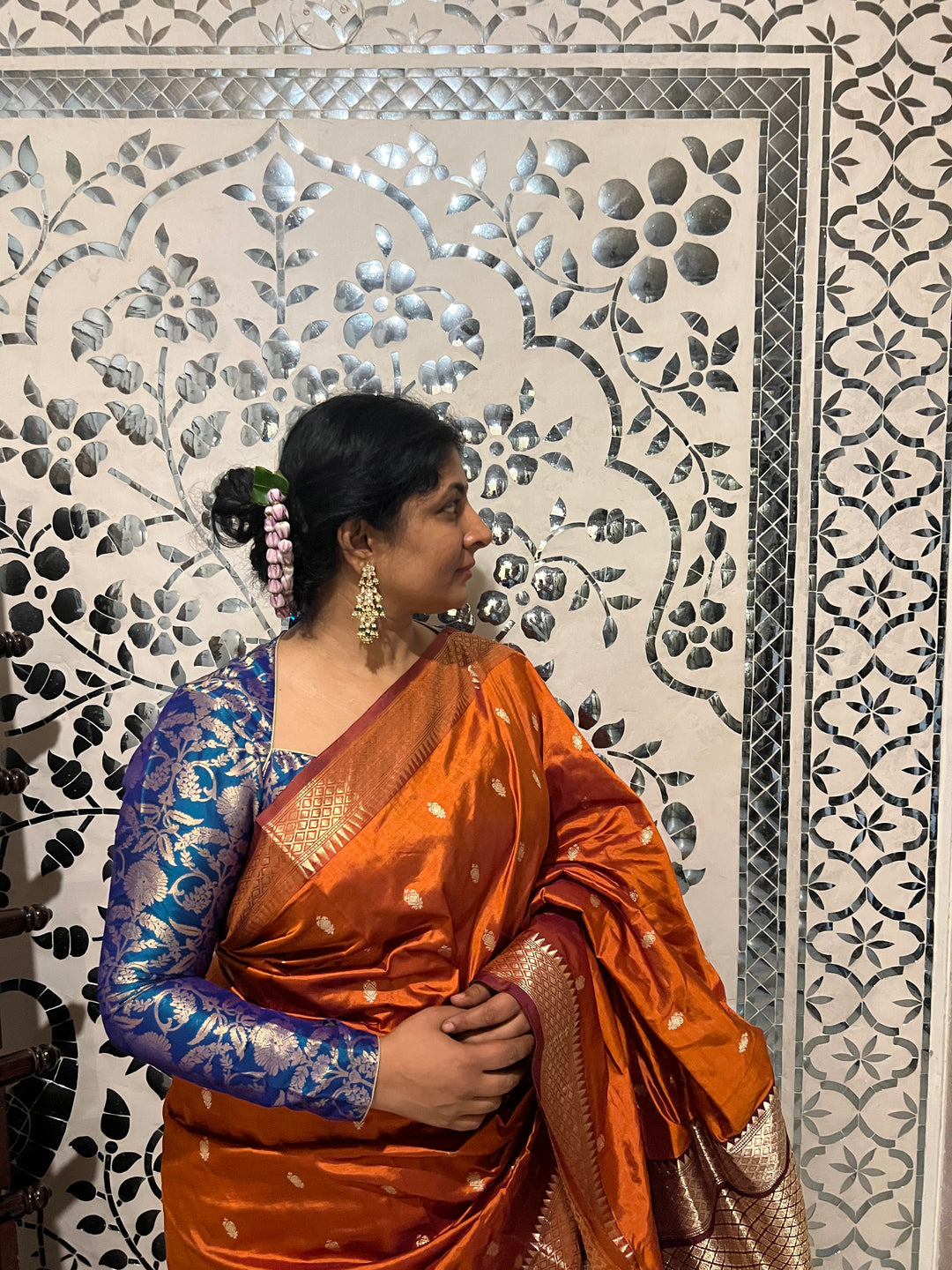 Peacock Blue Dual tone Banarasi Silk Floral Jaal Brocade Blouse with Full Sleeves , Made to Order, Customizable | SHOBITAM