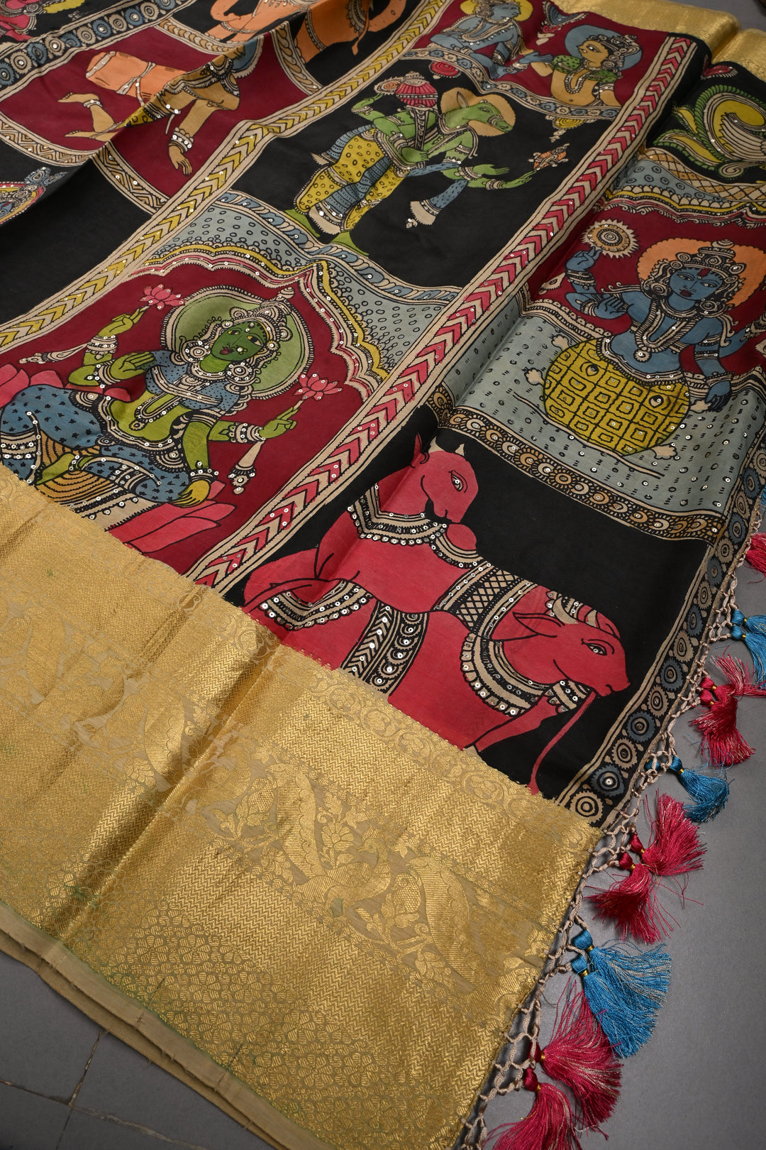 Mythological and folk Art theme : Authentic Pen kalamkari Handpainted on Pure Chennuri Silk Saree with Sequins Work and Contrast Zari Border | SHOBITAM