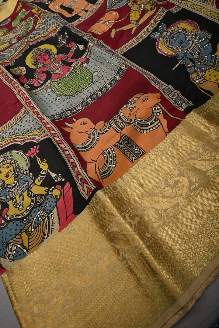 Mythological and folk Art theme : Authentic Pen kalamkari Handpainted on Pure Chennuri Silk Saree with Sequins Work and Contrast Zari Border | SHOBITAM