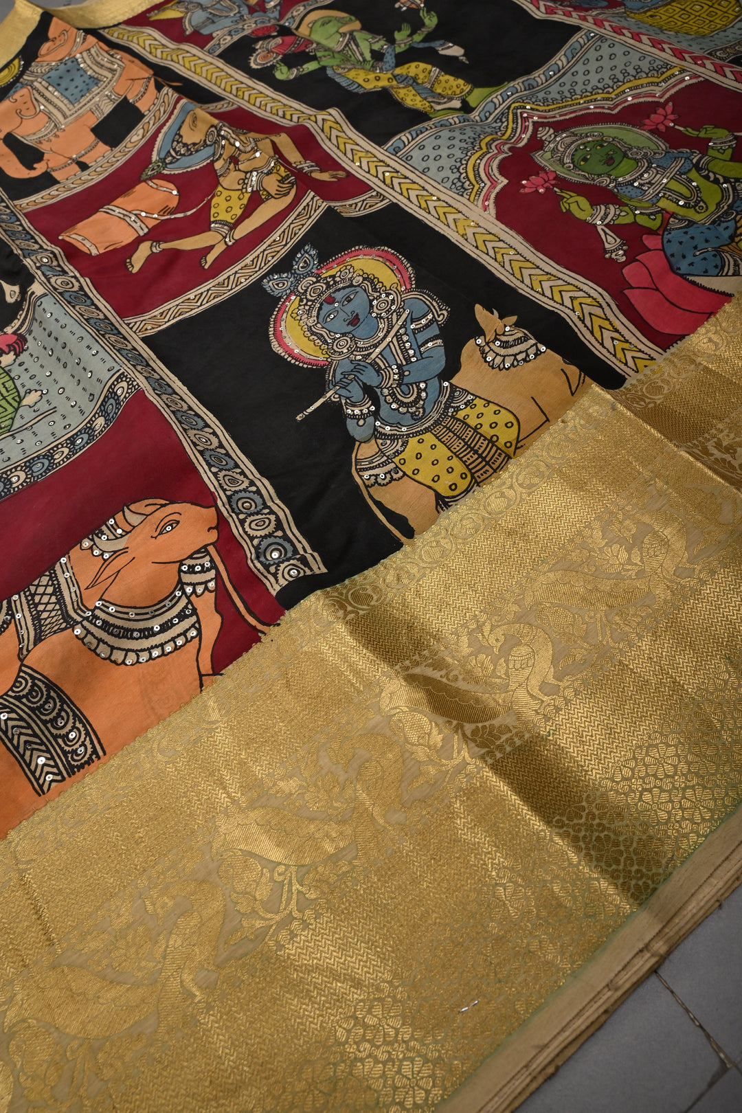 Mythological and folk Art theme : Authentic Pen kalamkari Handpainted on Pure Chennuri Silk Saree with Sequins Work and Contrast Zari Border | SHOBITAM