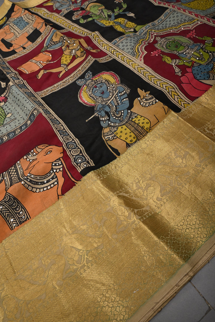 Mythological and folk Art theme : Authentic Pen kalamkari Handpainted on Pure Chennuri Silk Saree with Sequins Work and Contrast Zari Border | SHOBITAM