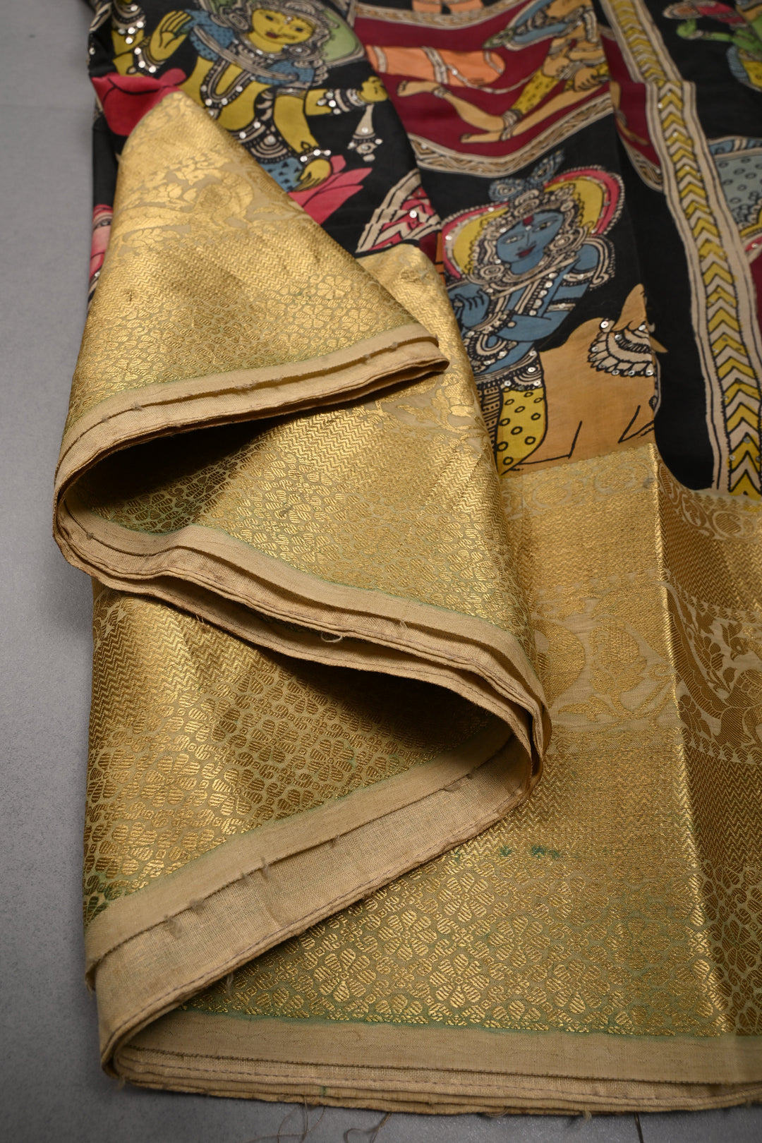 Mythological and folk Art theme : Authentic Pen kalamkari Handpainted on Pure Chennuri Silk Saree with Sequins Work and Contrast Zari Border | SHOBITAM