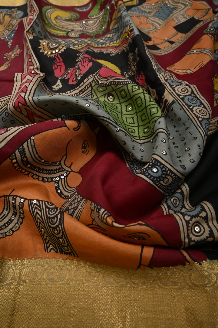 Mythological and folk Art theme : Authentic Pen kalamkari Handpainted on Pure Chennuri Silk Saree with Sequins Work and Contrast Zari Border | SHOBITAM