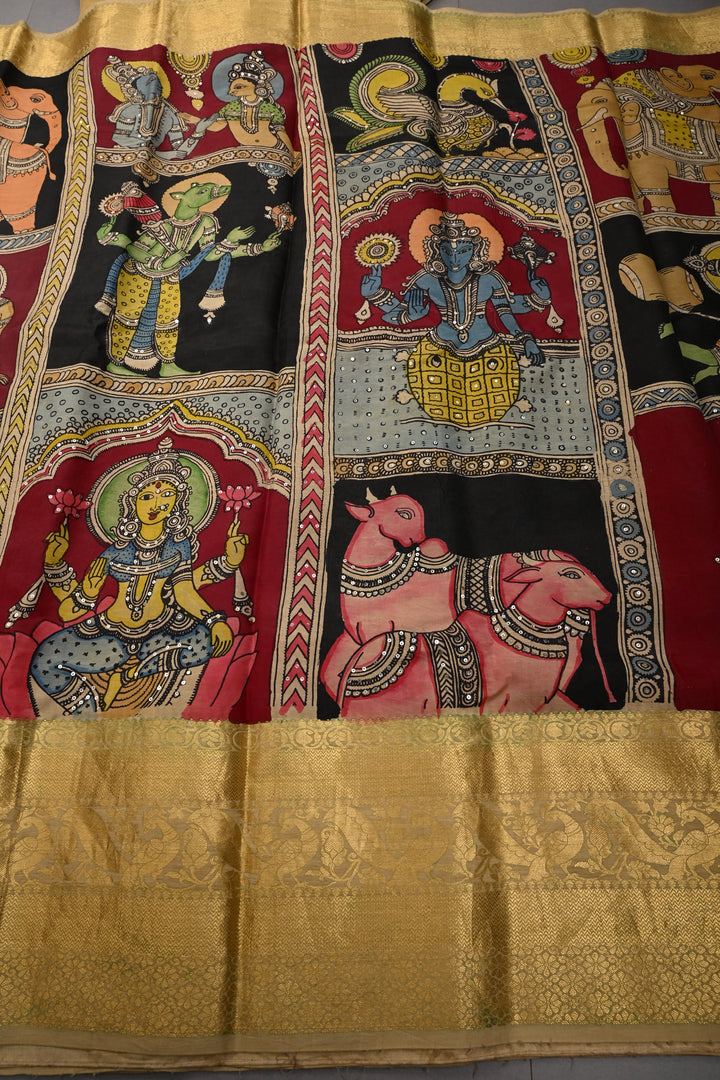 Mythological and folk Art theme : Authentic Pen kalamkari Handpainted on Pure Chennuri Silk Saree with Sequins Work and Contrast Zari Border | SHOBITAM