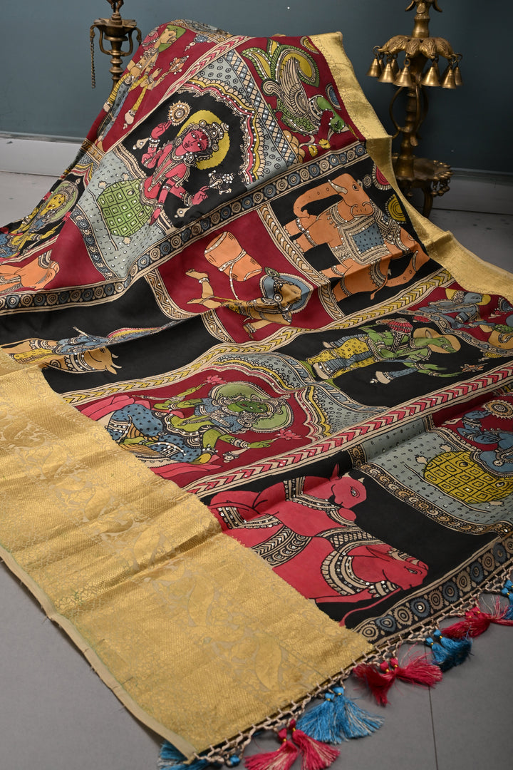 Mythological and folk Art theme : Authentic Pen kalamkari Handpainted on Pure Chennuri Silk Saree with Sequins Work and Contrast Zari Border | SHOBITAM
