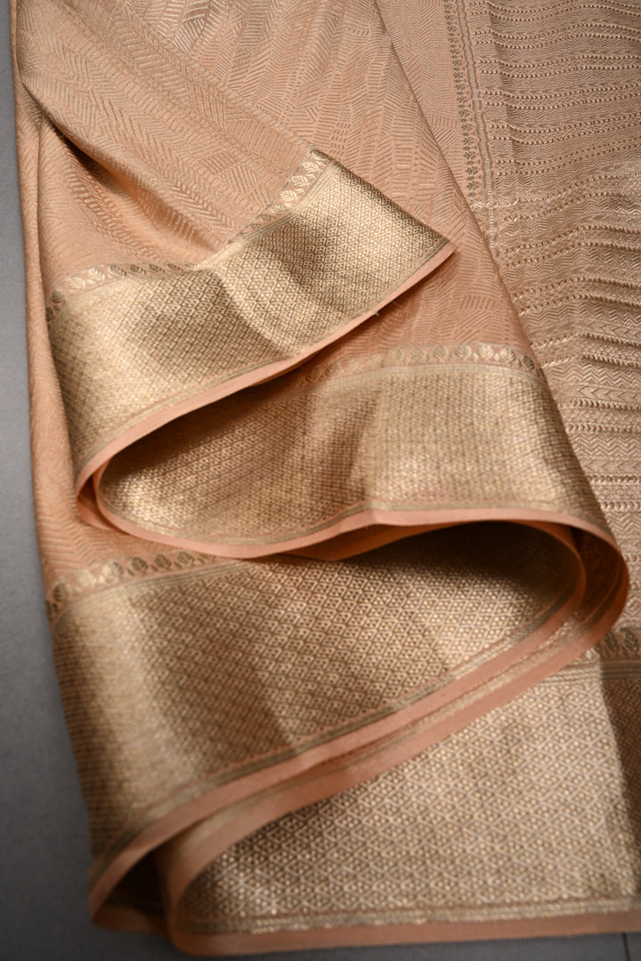 Blush Peach Pure Mysore Silk Saree with Zari Brocade and Zari Border | SILK MARK CERTIFIED