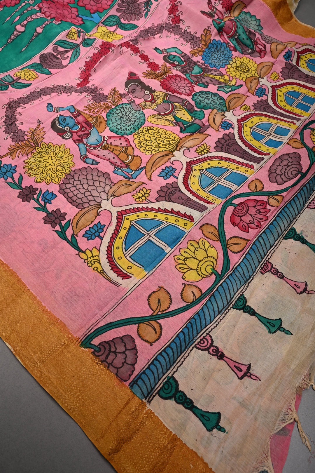 Bharatanatyam Theme  : Authentic Pen Kalamkari on Pure Mangalagiri Silk Cotton Saree with Contrast Zari Border | SHOBITAM
