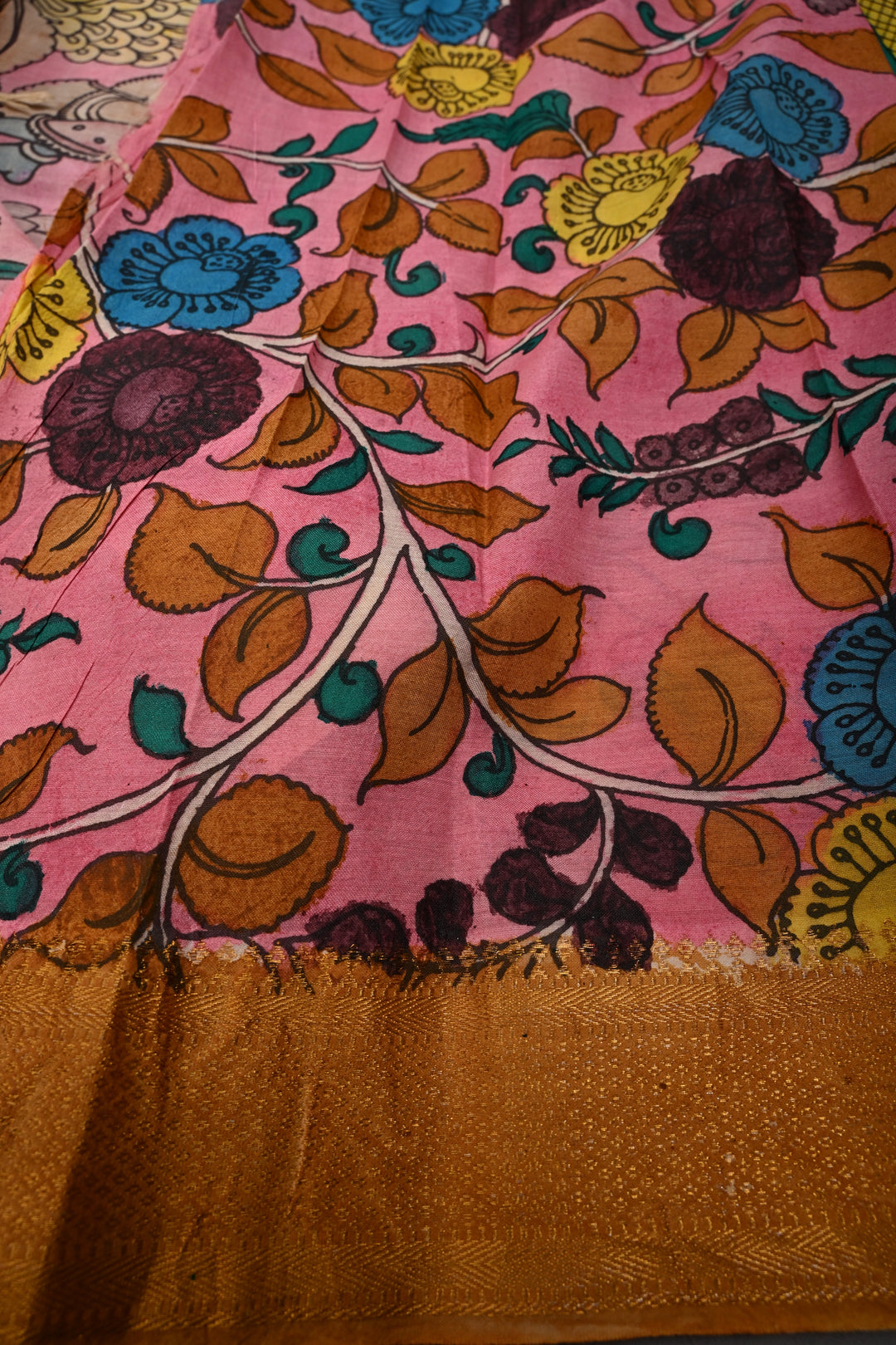 Bharatanatyam Theme  : Authentic Pen Kalamkari on Pure Mangalagiri Silk Cotton Saree with Contrast Zari Border | SHOBITAM