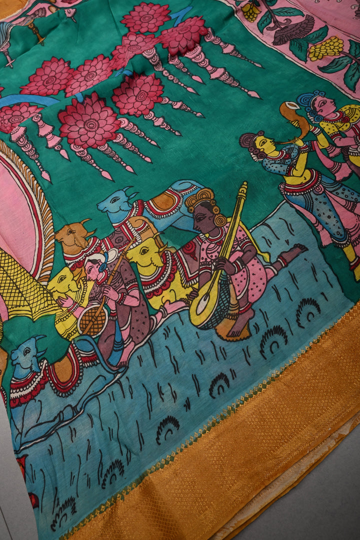 Bharatanatyam Theme  : Authentic Pen Kalamkari on Pure Mangalagiri Silk Cotton Saree with Contrast Zari Border | SHOBITAM