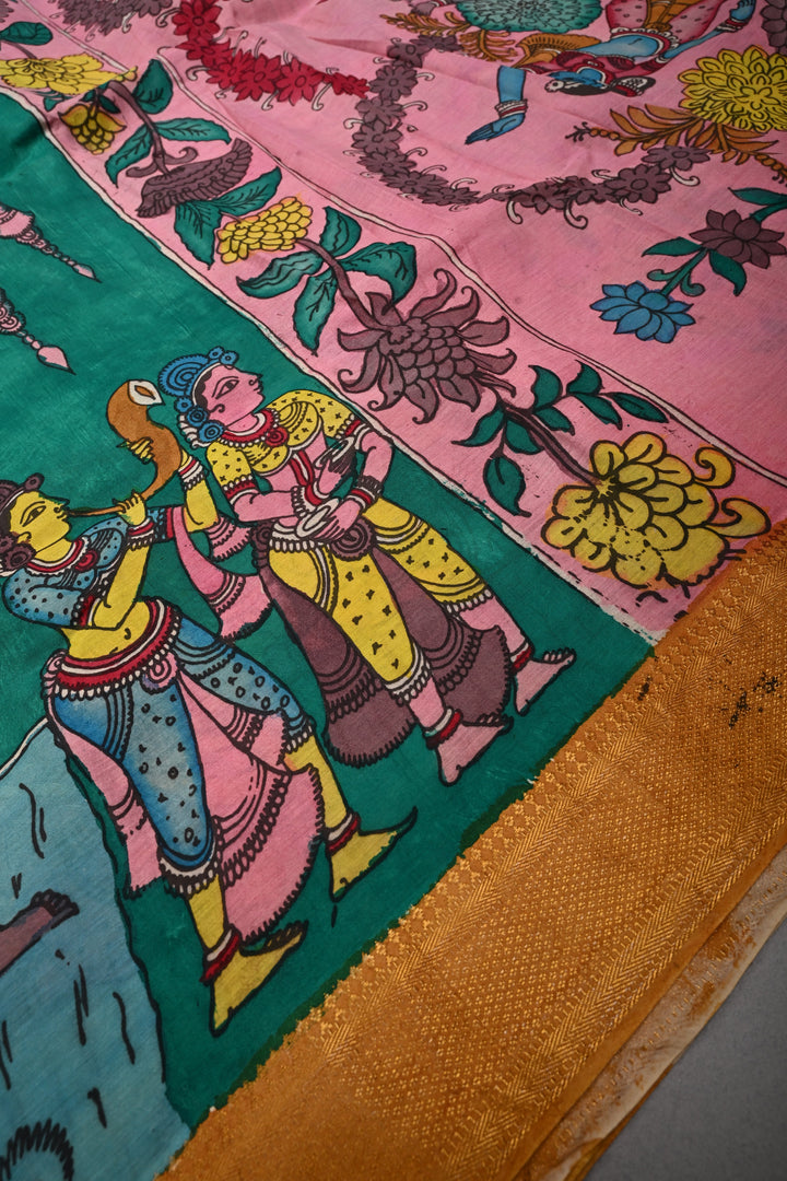 Bharatanatyam Theme  : Authentic Pen Kalamkari on Pure Mangalagiri Silk Cotton Saree with Contrast Zari Border | SHOBITAM