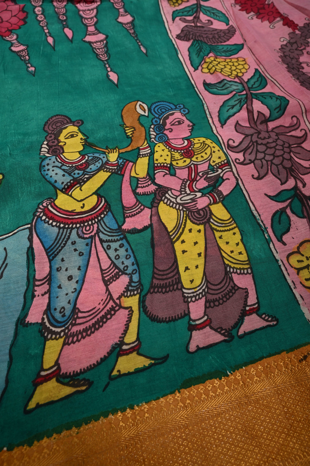 Bharatanatyam Theme  : Authentic Pen Kalamkari on Pure Mangalagiri Silk Cotton Saree with Contrast Zari Border | SHOBITAM