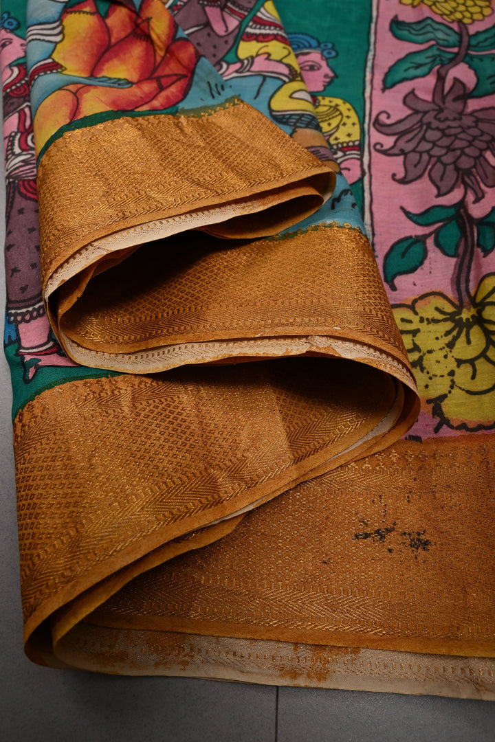 Bharatanatyam Theme  : Authentic Pen Kalamkari on Pure Mangalagiri Silk Cotton Saree with Contrast Zari Border | SHOBITAM