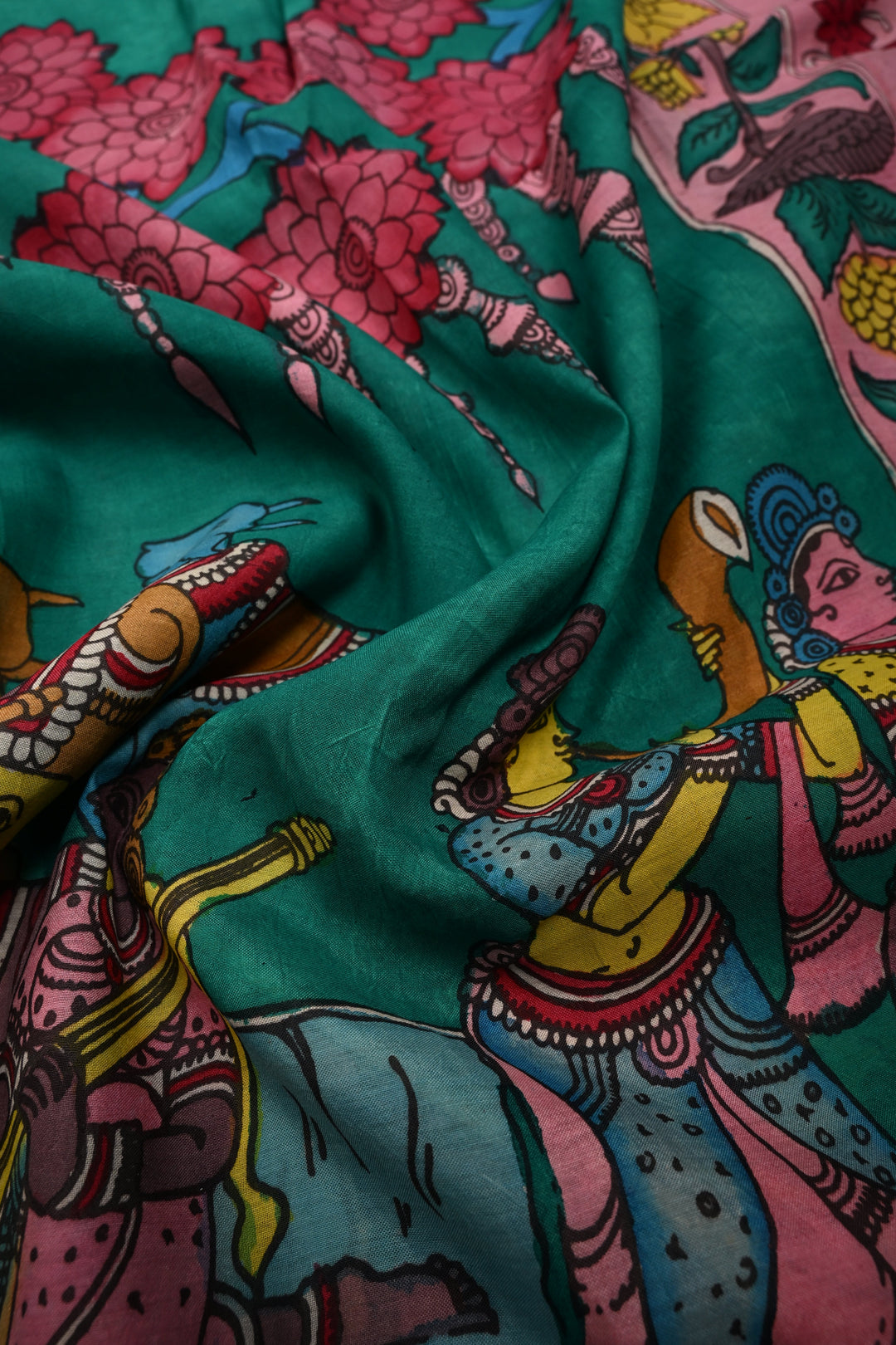 Bharatanatyam Theme  : Authentic Pen Kalamkari on Pure Mangalagiri Silk Cotton Saree with Contrast Zari Border | SHOBITAM