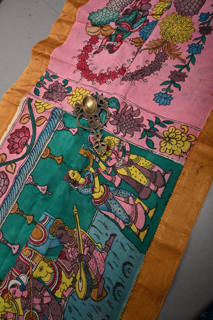 Bharatanatyam Theme  : Authentic Pen Kalamkari on Pure Mangalagiri Silk Cotton Saree with Contrast Zari Border | SHOBITAM