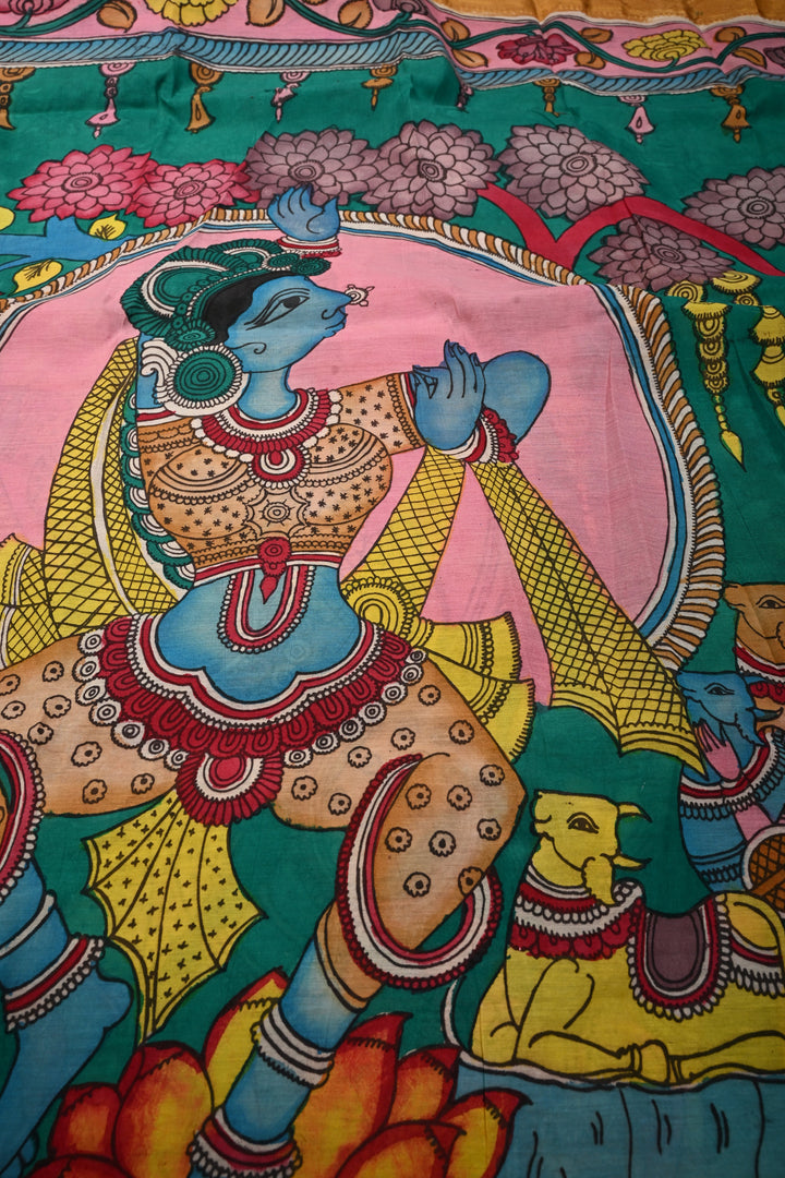 Bharatanatyam Theme  : Authentic Pen Kalamkari on Pure Mangalagiri Silk Cotton Saree with Contrast Zari Border | SHOBITAM