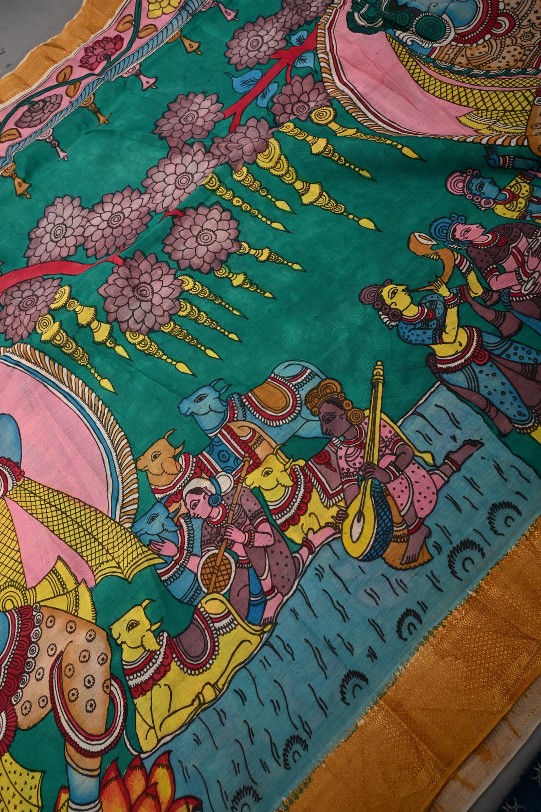 Bharatanatyam Theme  : Authentic Pen Kalamkari on Pure Mangalagiri Silk Cotton Saree with Contrast Zari Border | SHOBITAM