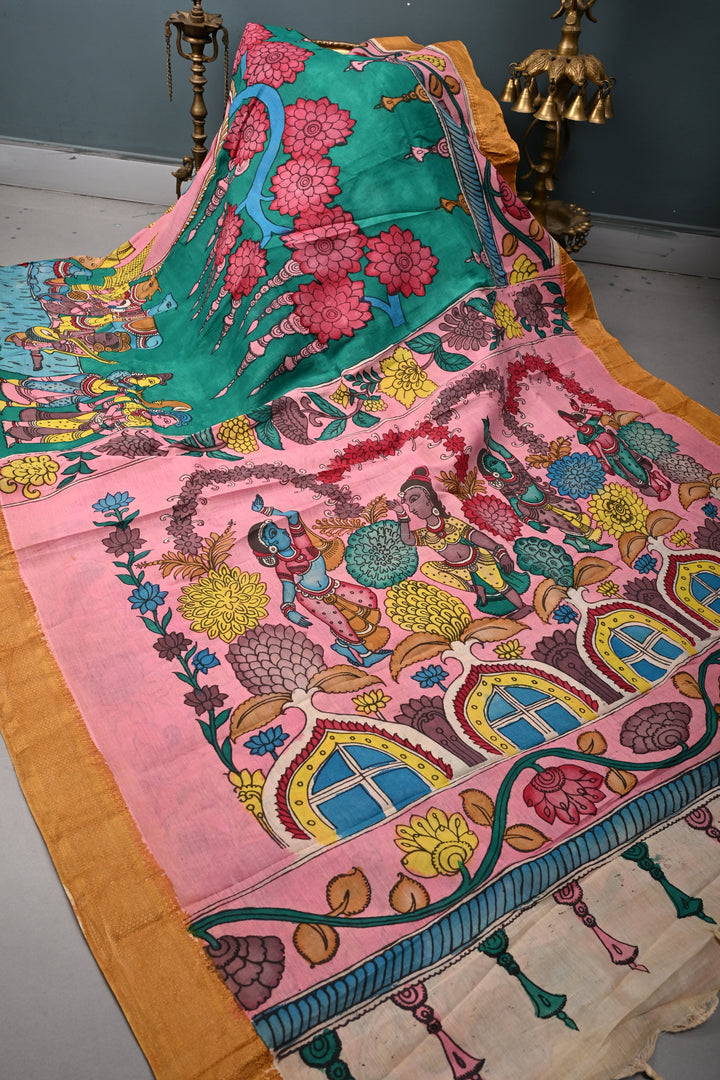 Bharatanatyam Theme  : Authentic Pen Kalamkari on Pure Mangalagiri Silk Cotton Saree with Contrast Zari Border | SHOBITAM