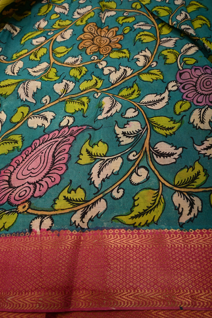 Floral Theme  : Authentic Pen Kalamkari on Pure Mangalagiri Silk Cotton Saree with Contrast Zari Border | SHOBITAM