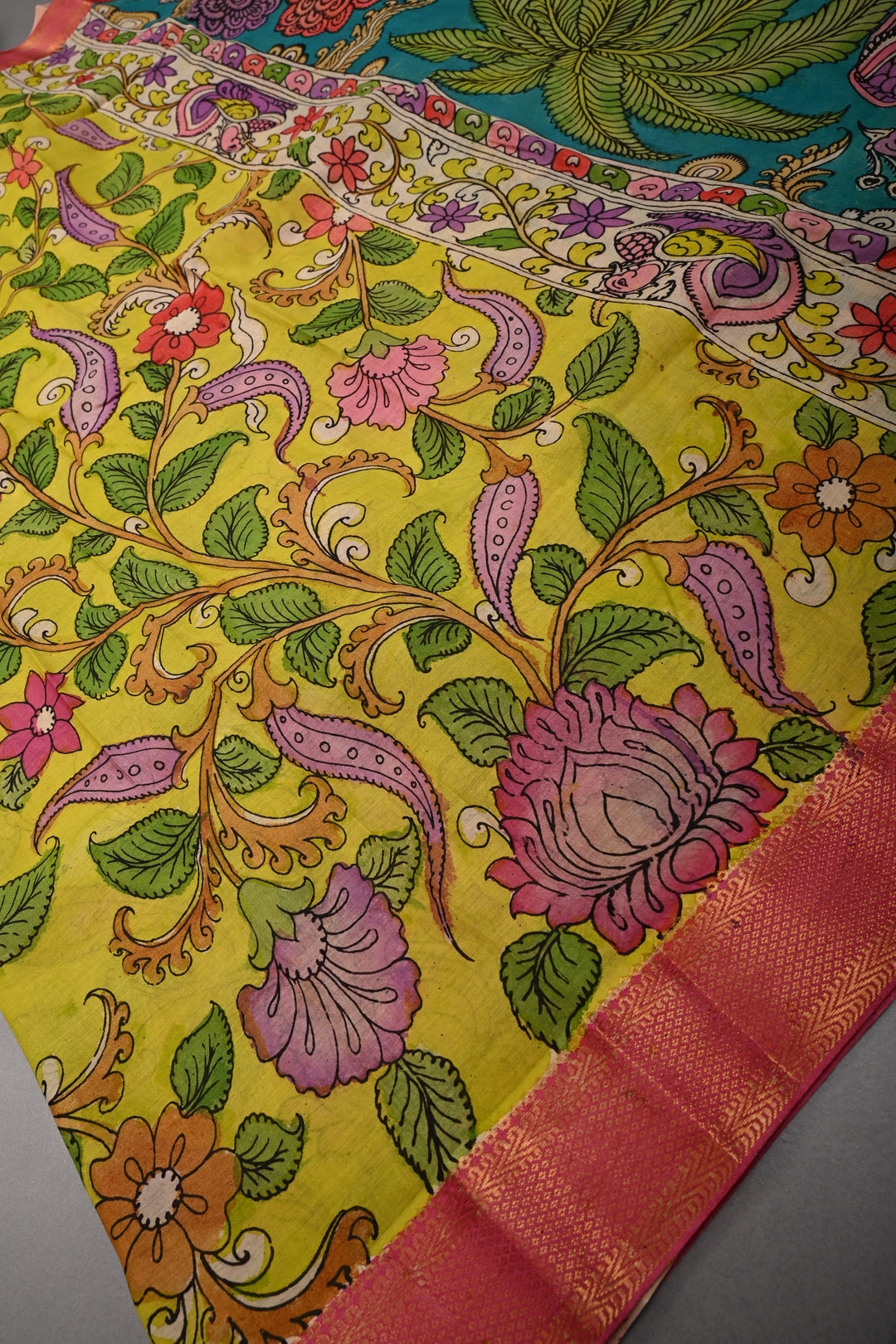Floral Theme  : Authentic Pen Kalamkari on Pure Mangalagiri Silk Cotton Saree with Contrast Zari Border | SHOBITAM
