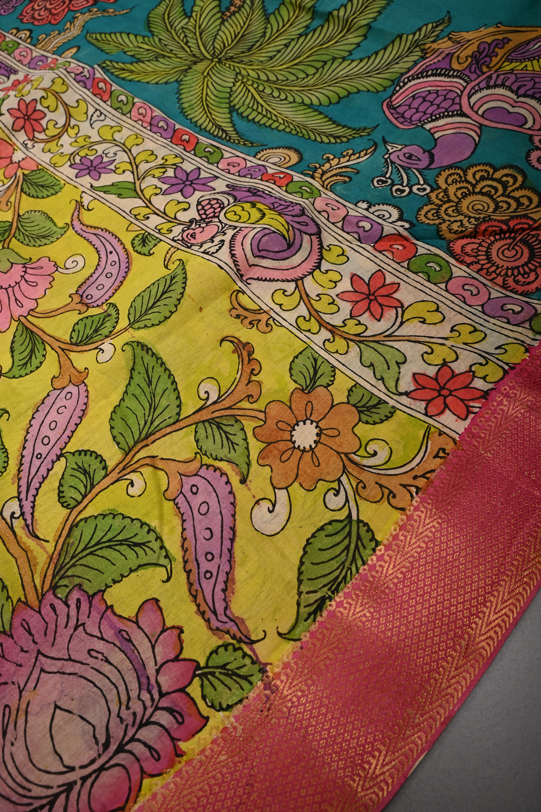 Floral Theme  : Authentic Pen Kalamkari on Pure Mangalagiri Silk Cotton Saree with Contrast Zari Border | SHOBITAM