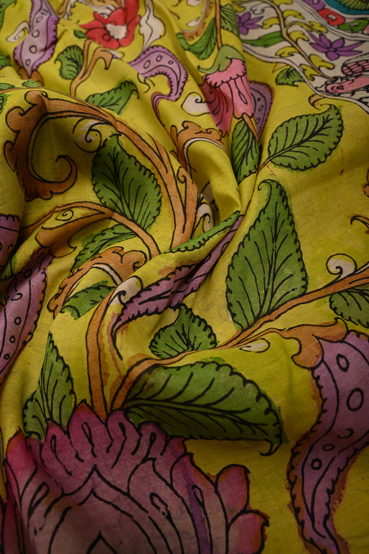 Floral Theme  : Authentic Pen Kalamkari on Pure Mangalagiri Silk Cotton Saree with Contrast Zari Border | SHOBITAM