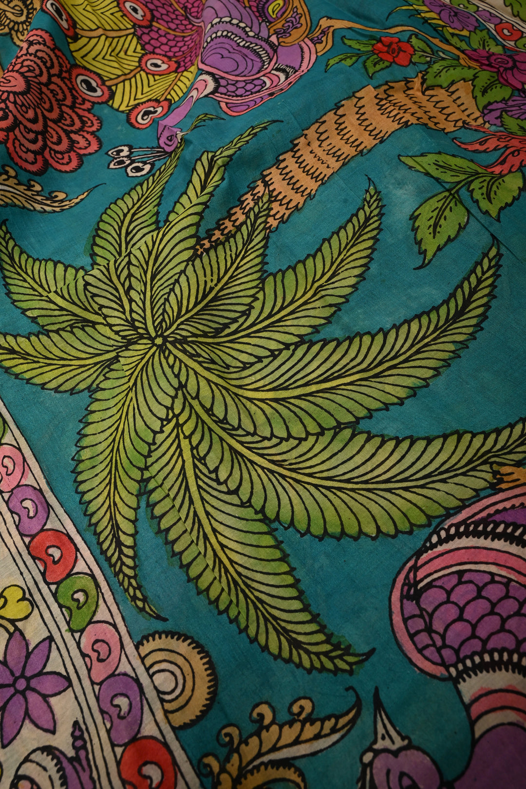 Floral Theme  : Authentic Pen Kalamkari on Pure Mangalagiri Silk Cotton Saree with Contrast Zari Border | SHOBITAM