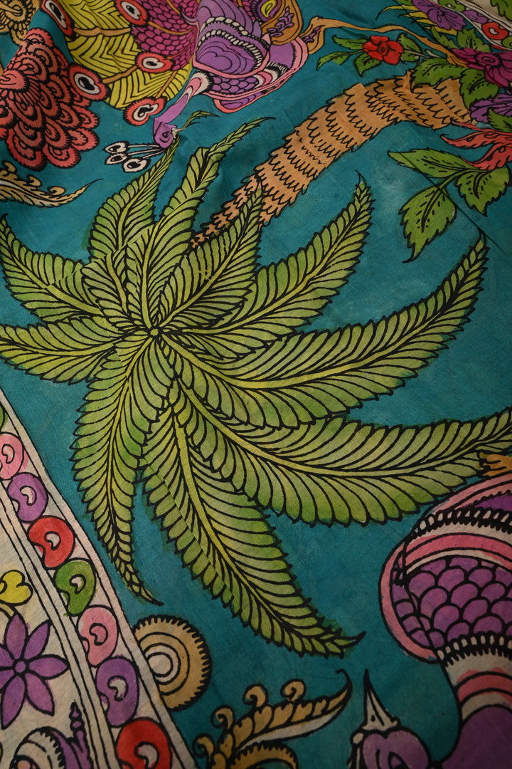 Floral Theme  : Authentic Pen Kalamkari on Pure Mangalagiri Silk Cotton Saree with Contrast Zari Border | SHOBITAM