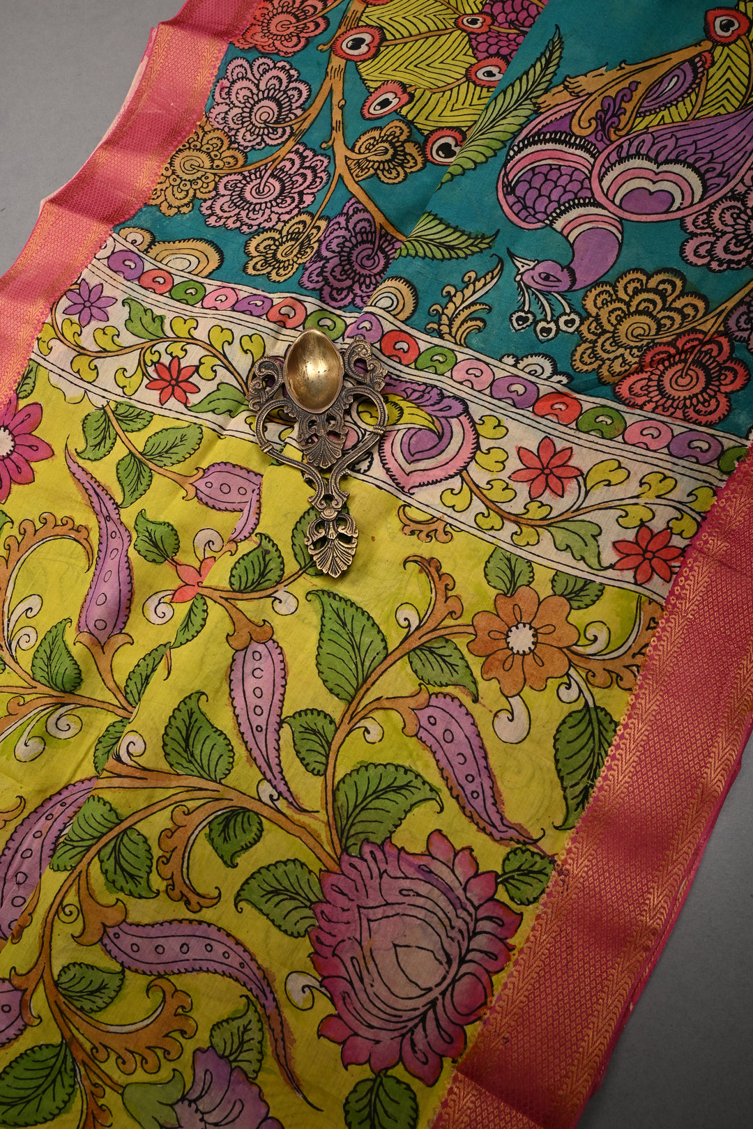 Floral Theme  : Authentic Pen Kalamkari on Pure Mangalagiri Silk Cotton Saree with Contrast Zari Border | SHOBITAM