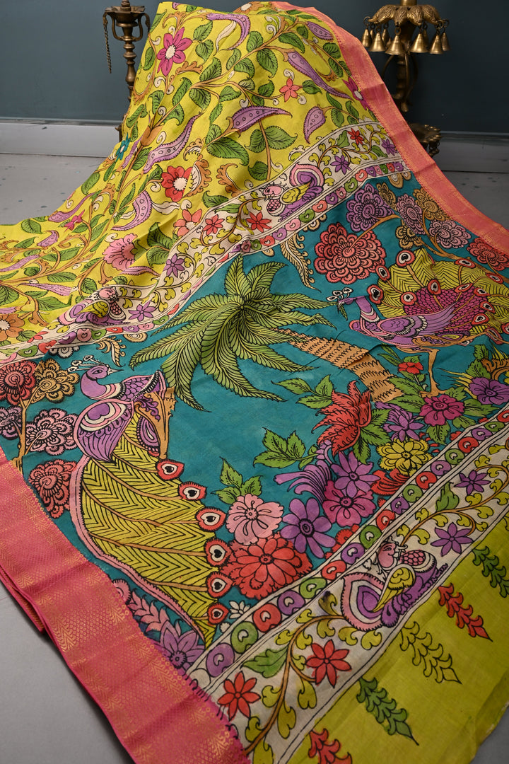Floral Theme  : Authentic Pen Kalamkari on Pure Mangalagiri Silk Cotton Saree with Contrast Zari Border | SHOBITAM