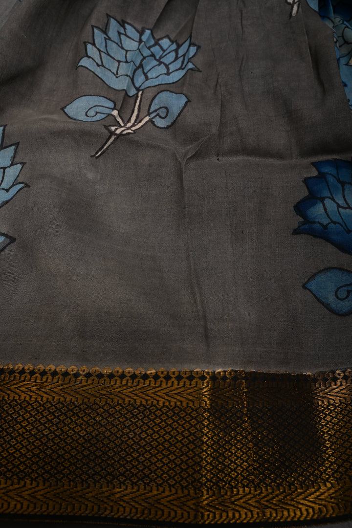 Floral Theme  : Authentic Pen Kalamkari on Pure Mangalagiri Silk Cotton Saree with Contrast Zari Border | SHOBITAM