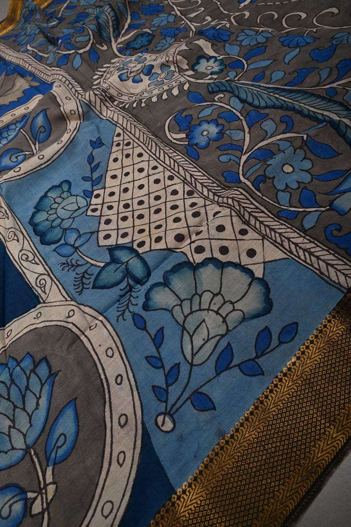 Floral Theme  : Authentic Pen Kalamkari on Pure Mangalagiri Silk Cotton Saree with Contrast Zari Border | SHOBITAM
