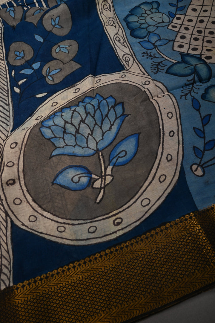 Floral Theme  : Authentic Pen Kalamkari on Pure Mangalagiri Silk Cotton Saree with Contrast Zari Border | SHOBITAM