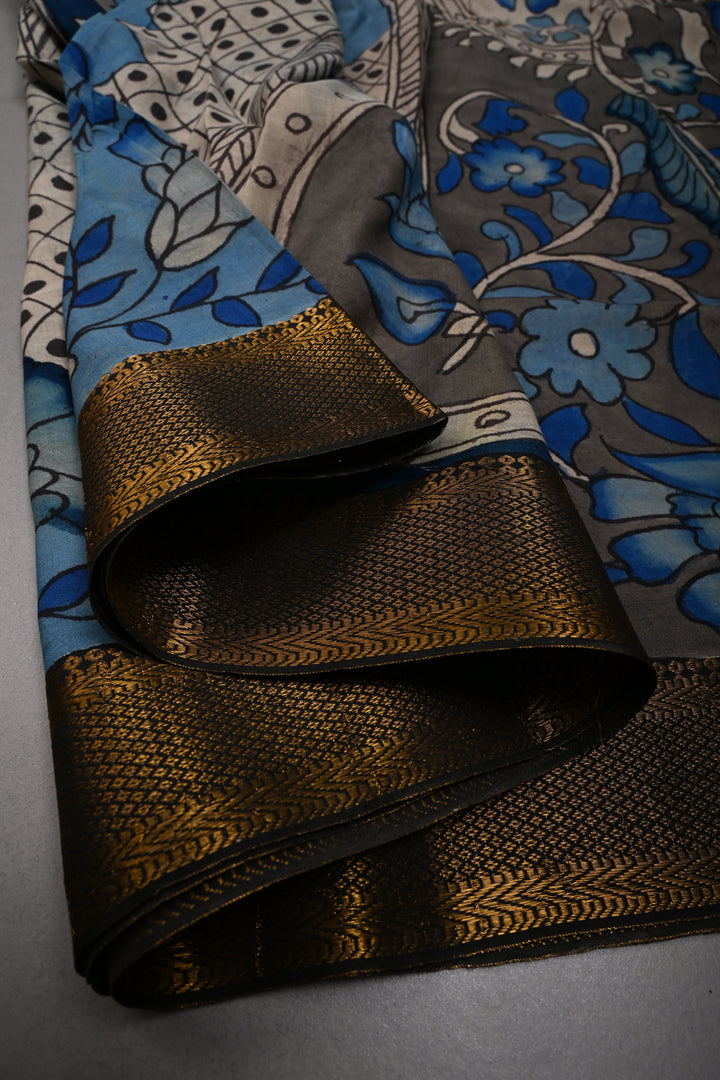 Floral Theme  : Authentic Pen Kalamkari on Pure Mangalagiri Silk Cotton Saree with Contrast Zari Border | SHOBITAM