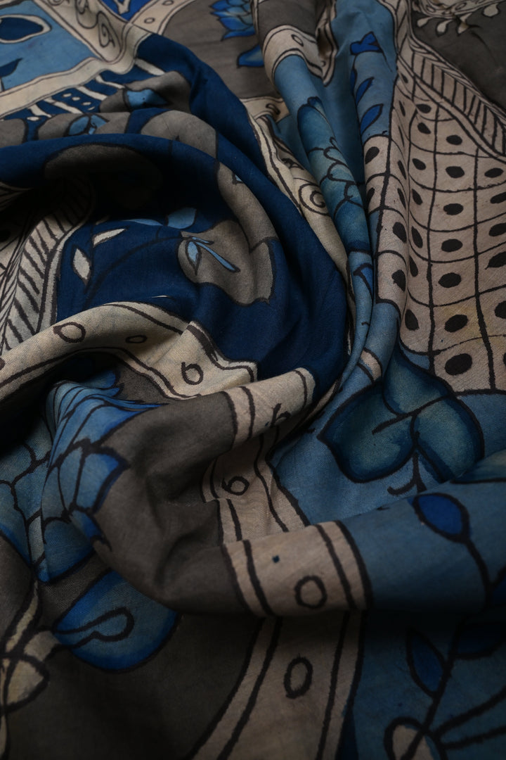 Floral Theme  : Authentic Pen Kalamkari on Pure Mangalagiri Silk Cotton Saree with Contrast Zari Border | SHOBITAM