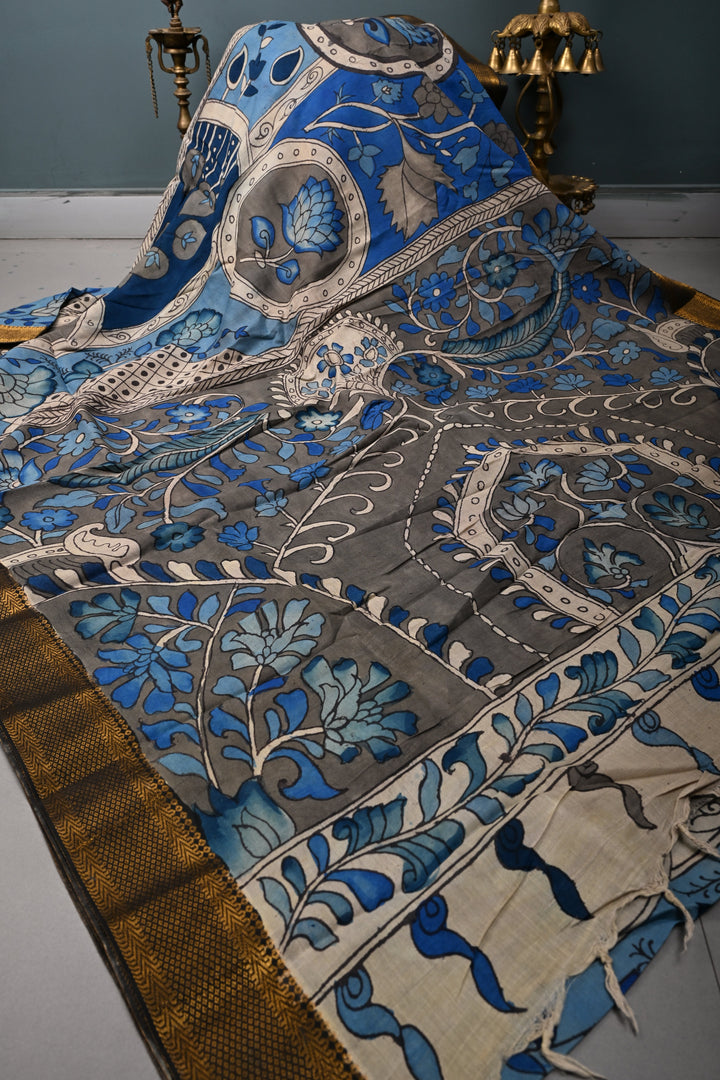 Floral Theme  : Authentic Pen Kalamkari on Pure Mangalagiri Silk Cotton Saree with Contrast Zari Border | SHOBITAM