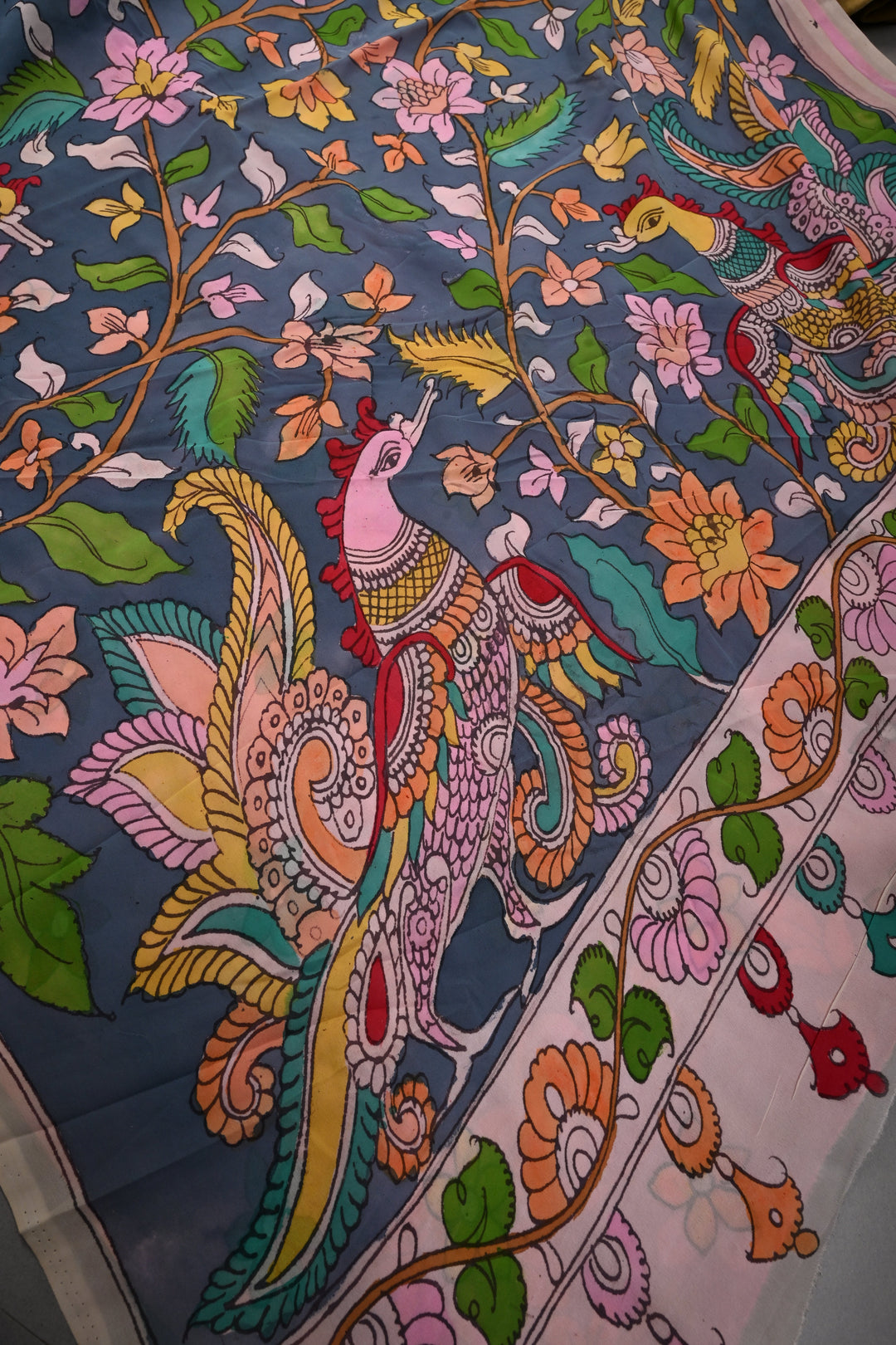 Floral and Birds Theme : Gray-Blue Authentic Pen Kalamkari Handpainted  on pure Georgette Silk Saree with Minimal Border | SILK MARK CERTIFIED | SHOBITAM