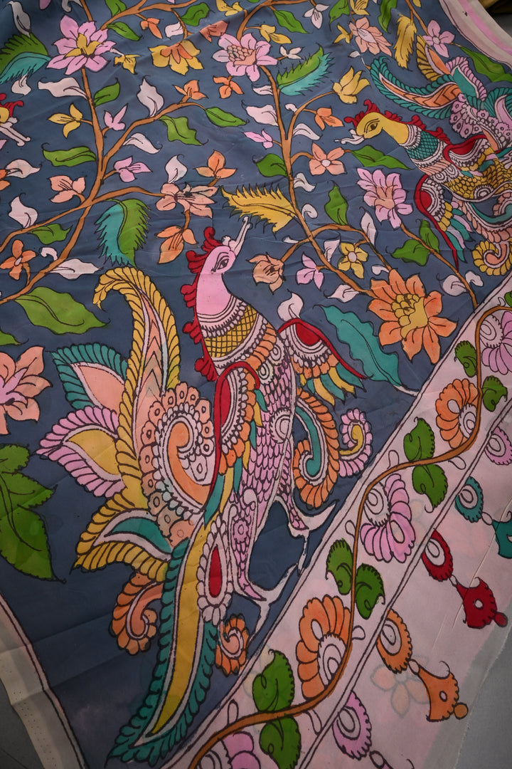 Floral and Birds Theme : Gray-Blue Authentic Pen Kalamkari Handpainted  on pure Georgette Silk Saree with Minimal Border | SILK MARK CERTIFIED | SHOBITAM